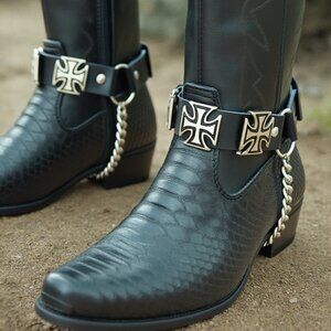 New Men Silver Chain Black Faux Leather Cross Charms Biker Bootstrap Wrap Around